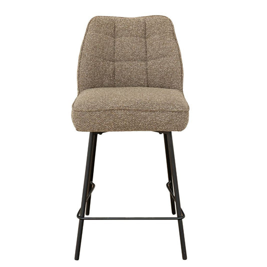 Brown textured bar stool with black metal legs on a white background