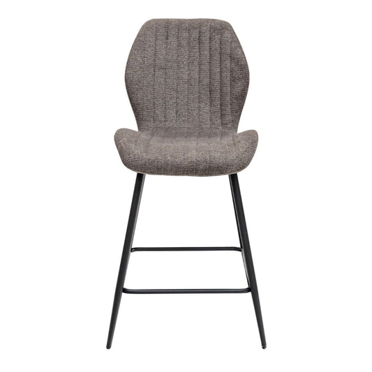 Gray textured bar stool with black metal legs on a white background