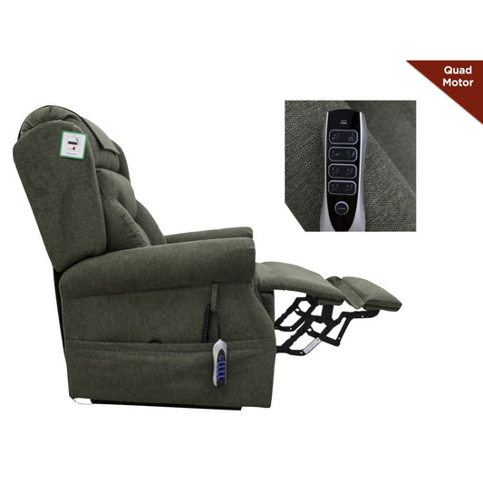 Green recliner chair with remote control on a white background