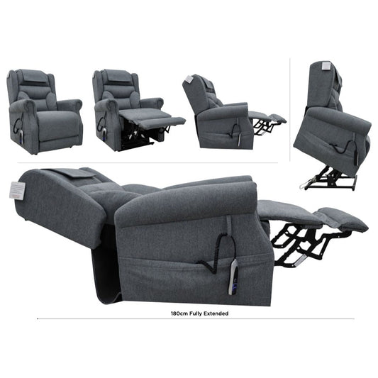 Gray recliner chair shown in various angles on a white background