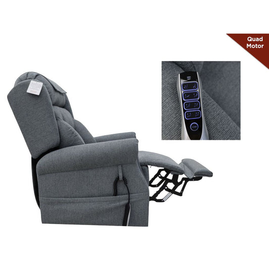 Gray recliner chair with a close-up of control buttons on a white background