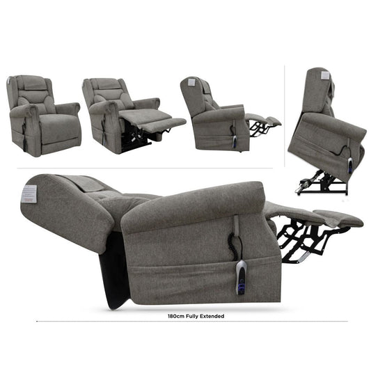 Gray recliner chair in various positions on a white background