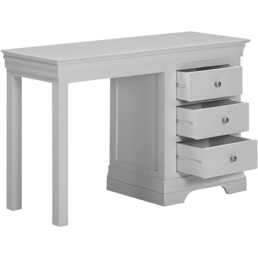 Grey desk with three drawers on a white background