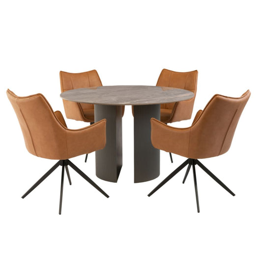 Bosa Round 1.2m Dining Table + 4 Viti Tan Chairs