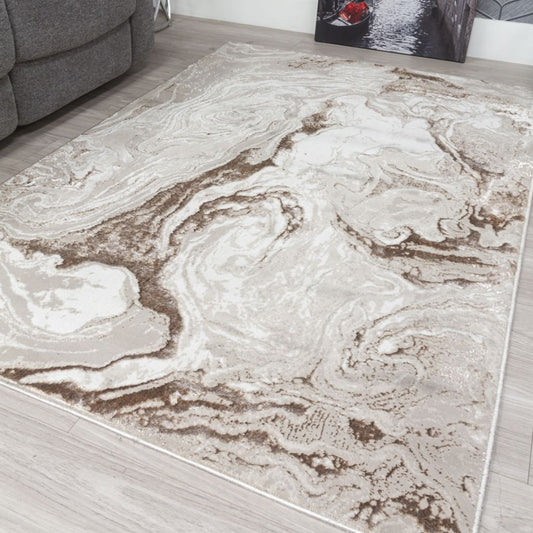 Marble-patterned rug on a wooden floor with a gray sofa in the background