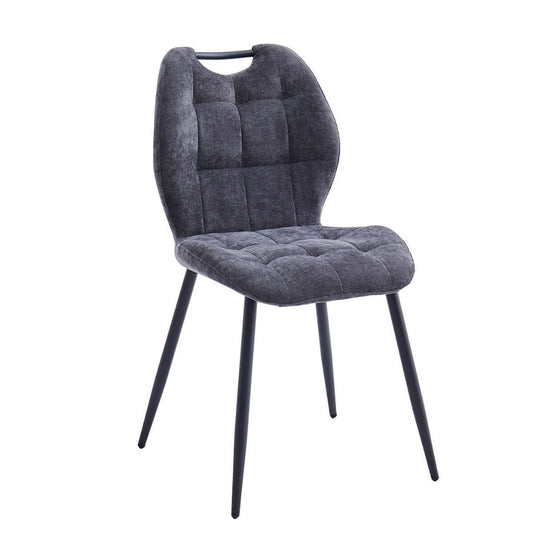 Gray upholstered chair with black legs on a white background