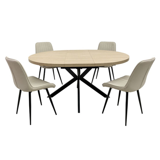 Delta 1.2m Round Extending Oak Dining Table + 4 Riace Stone Chairs