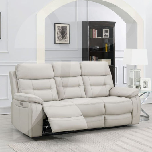 3 seater electric recliner in light grey with gorgeous stitching and comfy plush seats