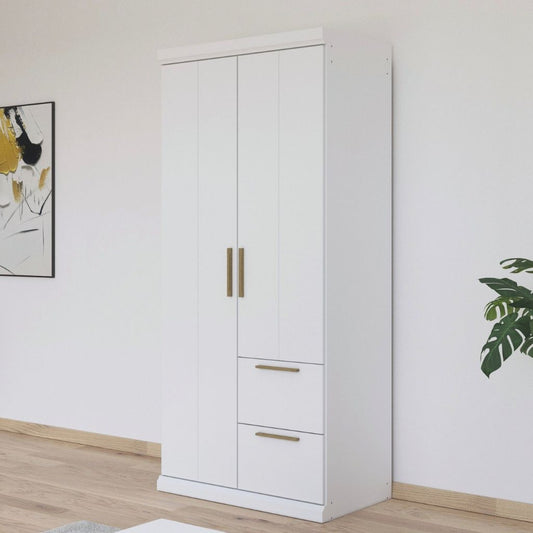 White wardrobe with oak handles in a room with a plant and abstract art on the wall.
