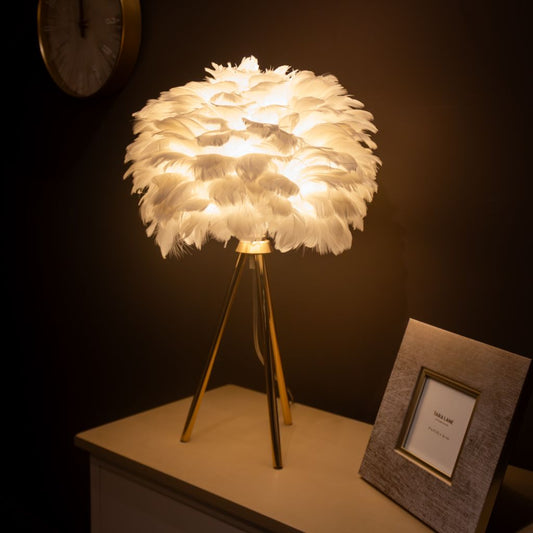 Feathered lamp on a table with a dark background