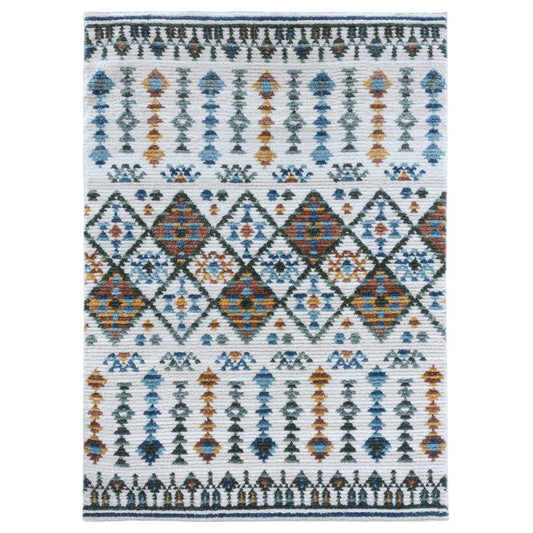 Patterned rug with geometric design on a white background