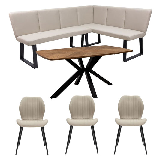 Haenna 1.6m Dining Table + Weston Bench + 3 Dalmine Chairs