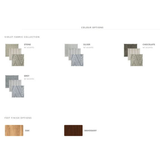 Colour and finish options for a fabric collection on a white background
