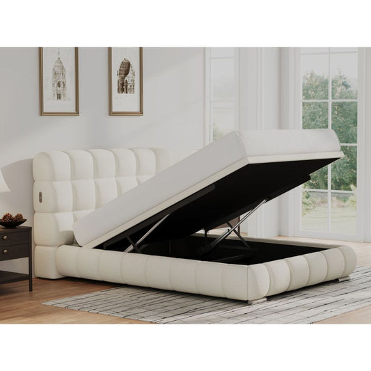 Natural upholstered bed with storage compartment in a room with large windows.