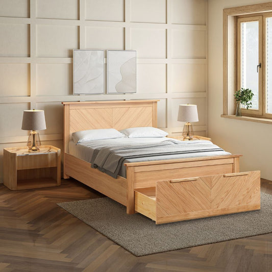 Kenji Oak Bedframe with Drawer Open