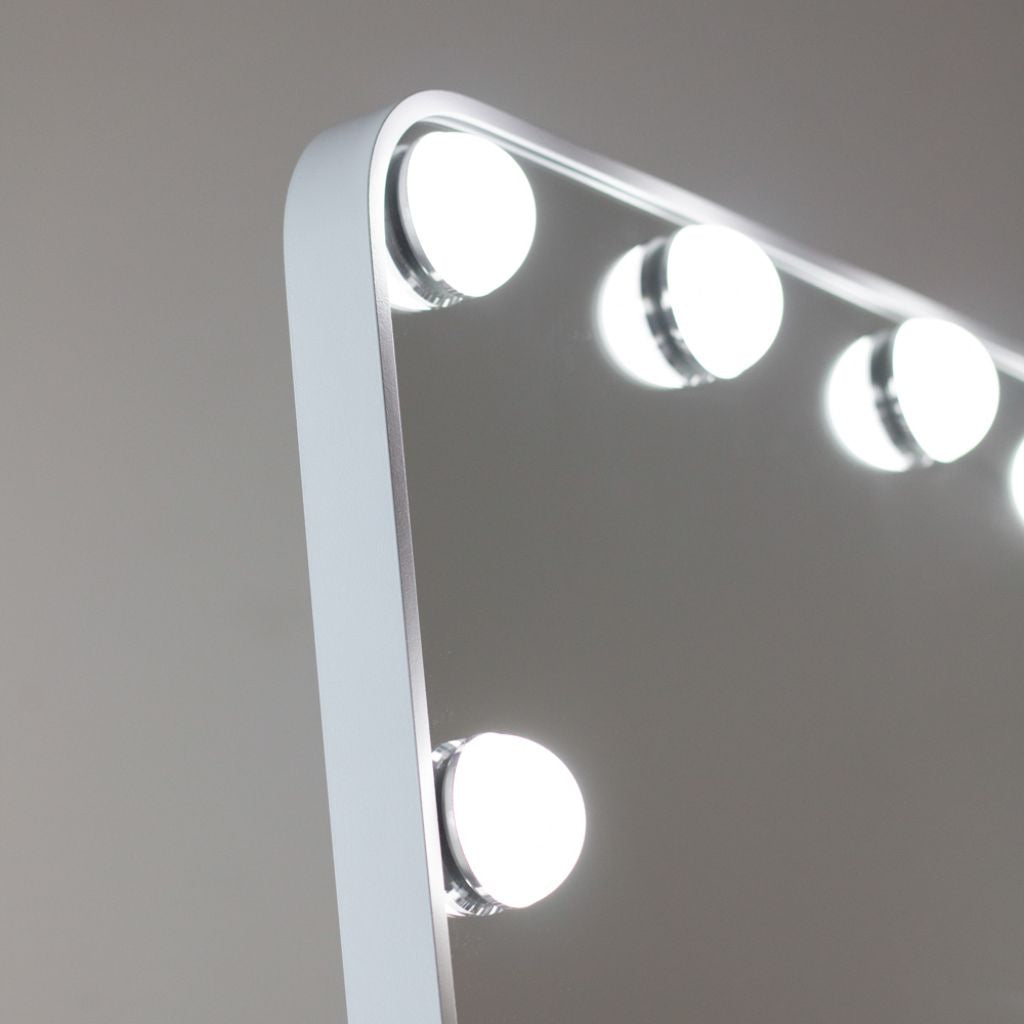 Makeup mirror with LED lights on a gray background