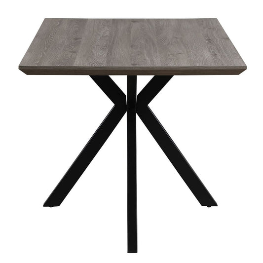 Square table with a gray wooden top and black metal legs on a white background