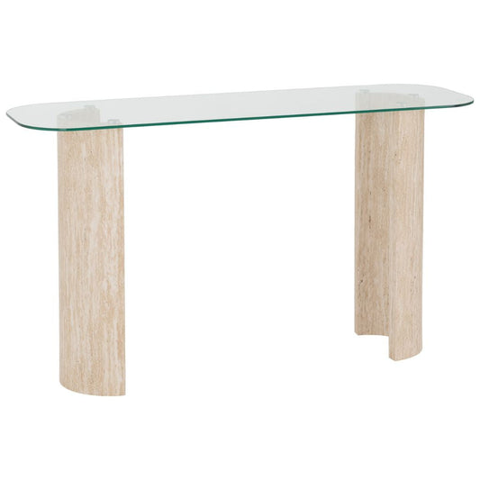 Glass-top console table with wooden legs on a white background