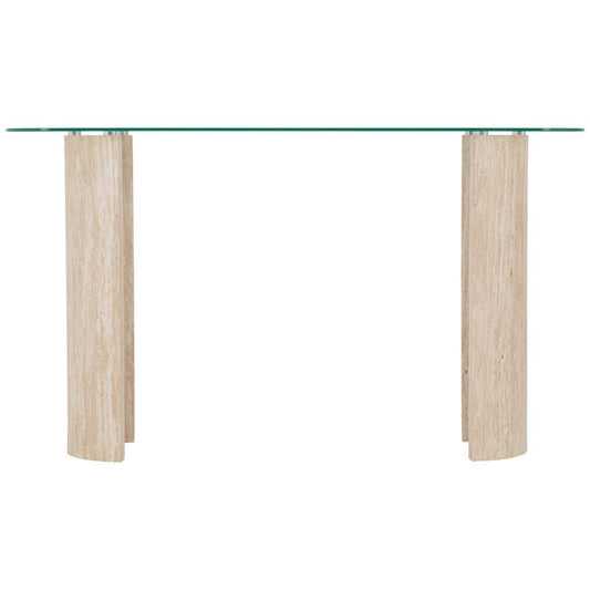 Glass top table with wooden legs on a white background