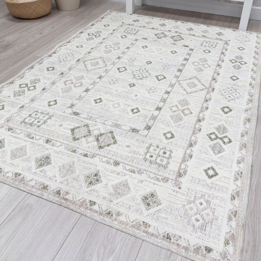 Patterned rug on a wooden floor