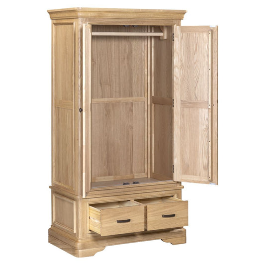 Wooden wardrobe with open doors on a white background