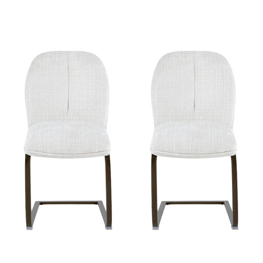 Two white upholstered chairs with metal legs on a white background