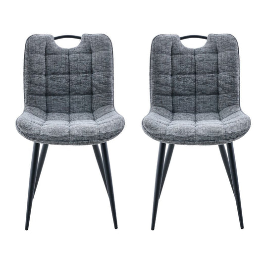 Two gray upholstered chairs with black legs on a white background