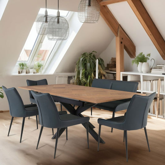 Pati 1.6m Oak Extending Dining Table + Maierato Bench + 4 Chairs
