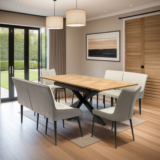 Patti 1.6m Extending Oak Dining Table + 2 Novo Benches + 2 Chairs