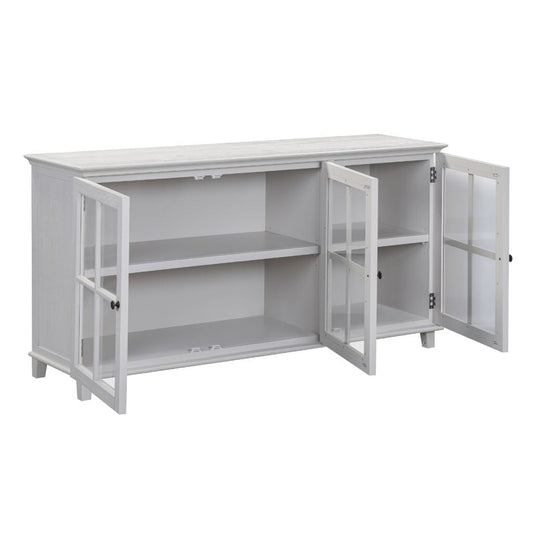 beige 3 door sideboard with glass doors and shelves inside