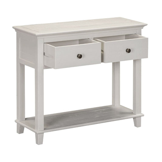 Beige console table with two drawers and an open shelf on a white background