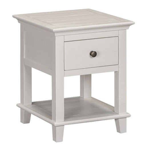 Beige end table with a drawer on a white background