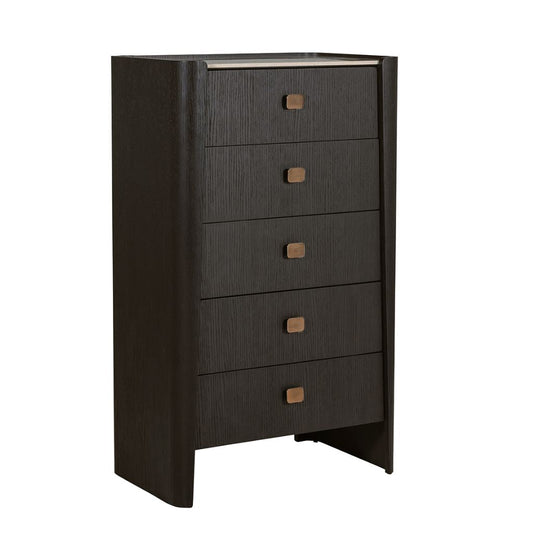 Dark wooden dresser with five drawers on a white background