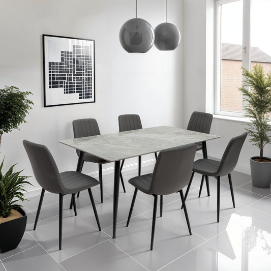 Riano 1.6m Italy Grey Dining Table + 6 Grey PU Chairs