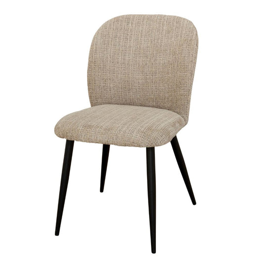 Beige upholstered chair with black legs on a white background