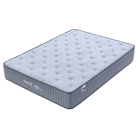 Gray mattress with a brand logo on a white background