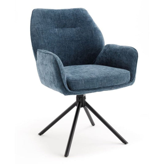 Blue armchair with black metal legs on a white background