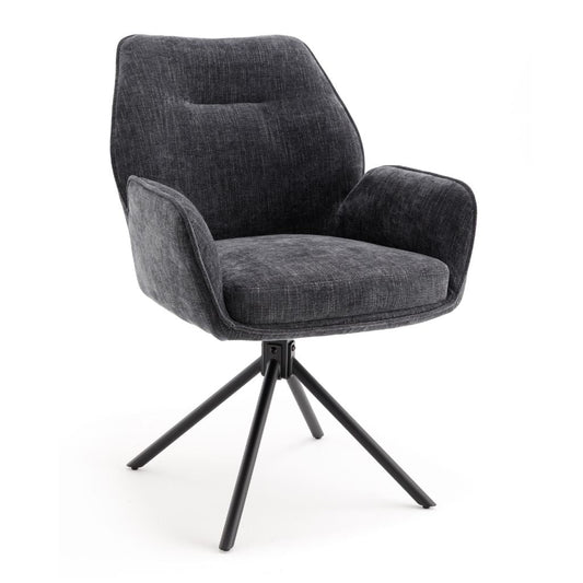 Grey upholstered chair with black metal legs on a white background