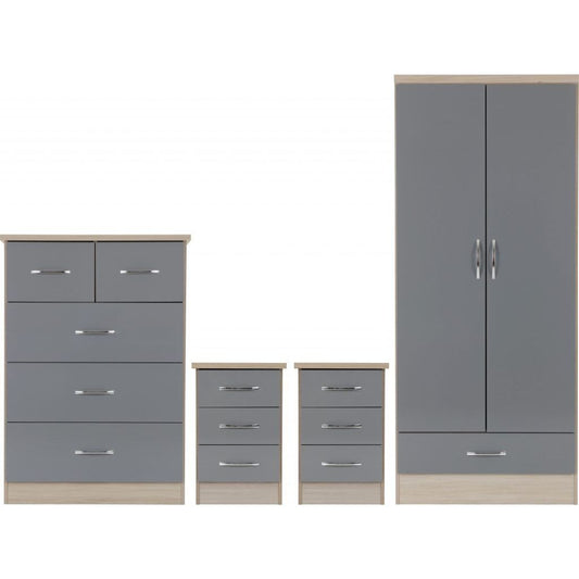 Nevada Grey Gloss and Light Oak Effect 4 Piece Bedroom Furniture Set