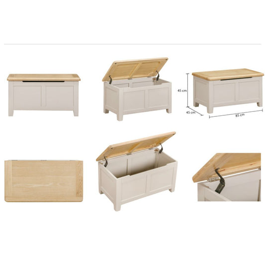 Grey storage bench with wooden top and dimensions displayed