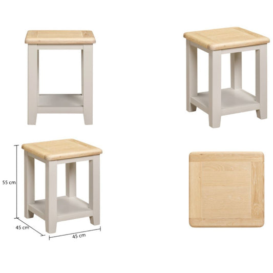 Grey wooden lamp table with oak top