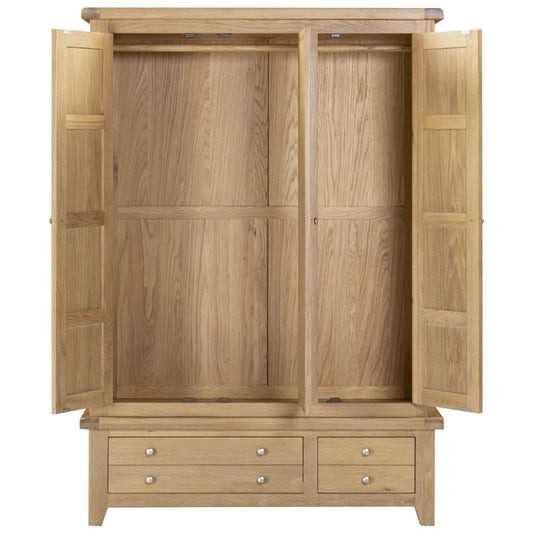 Wooden wardrobe with open doors on a white background