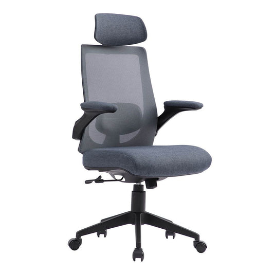 Gray office chair with mesh back and adjustable armrests on a white background