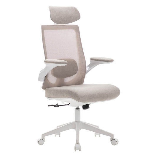 Ergonomic office chair with mesh back and beige seat on a white background