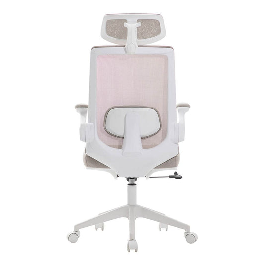 White office chair with beige mesh backrest on a white background