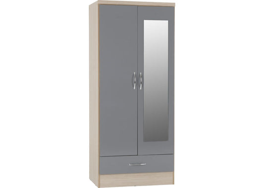 Nevada Grey Gloss and Light Oak Effect 2-Door 1-Drawer Mirrored Wardrobe by Wholesale Beds & Furniture