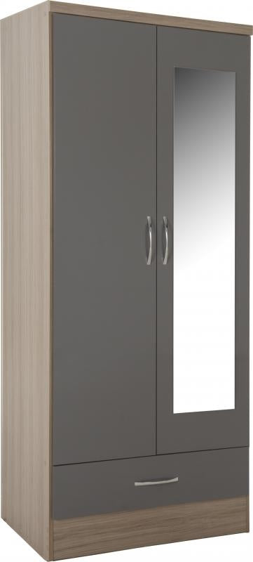 Nevada Grey Gloss and Light Oak Effect 2-Door 1-Drawer Mirrored Wardrobe by Wholesale Beds & Furniture