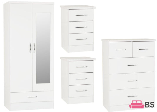 Nevada White Gloss 4 Piece Bedroom Furniture Set inc. Mirrored Robe by Wholesale Beds & Furniture
