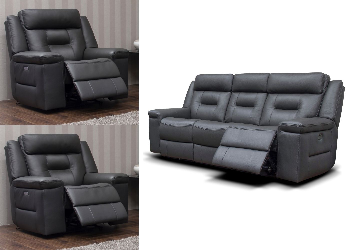 Osbourne Full Leather Sofa Range by SofaHouse - 3+1+1 Suite - Dark Grey