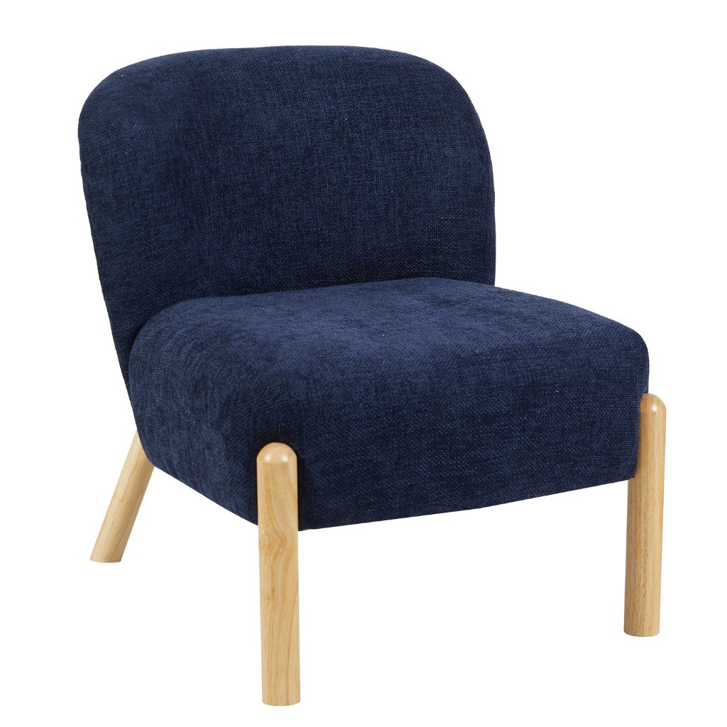 Navy blue armchair with wooden legs on a white background